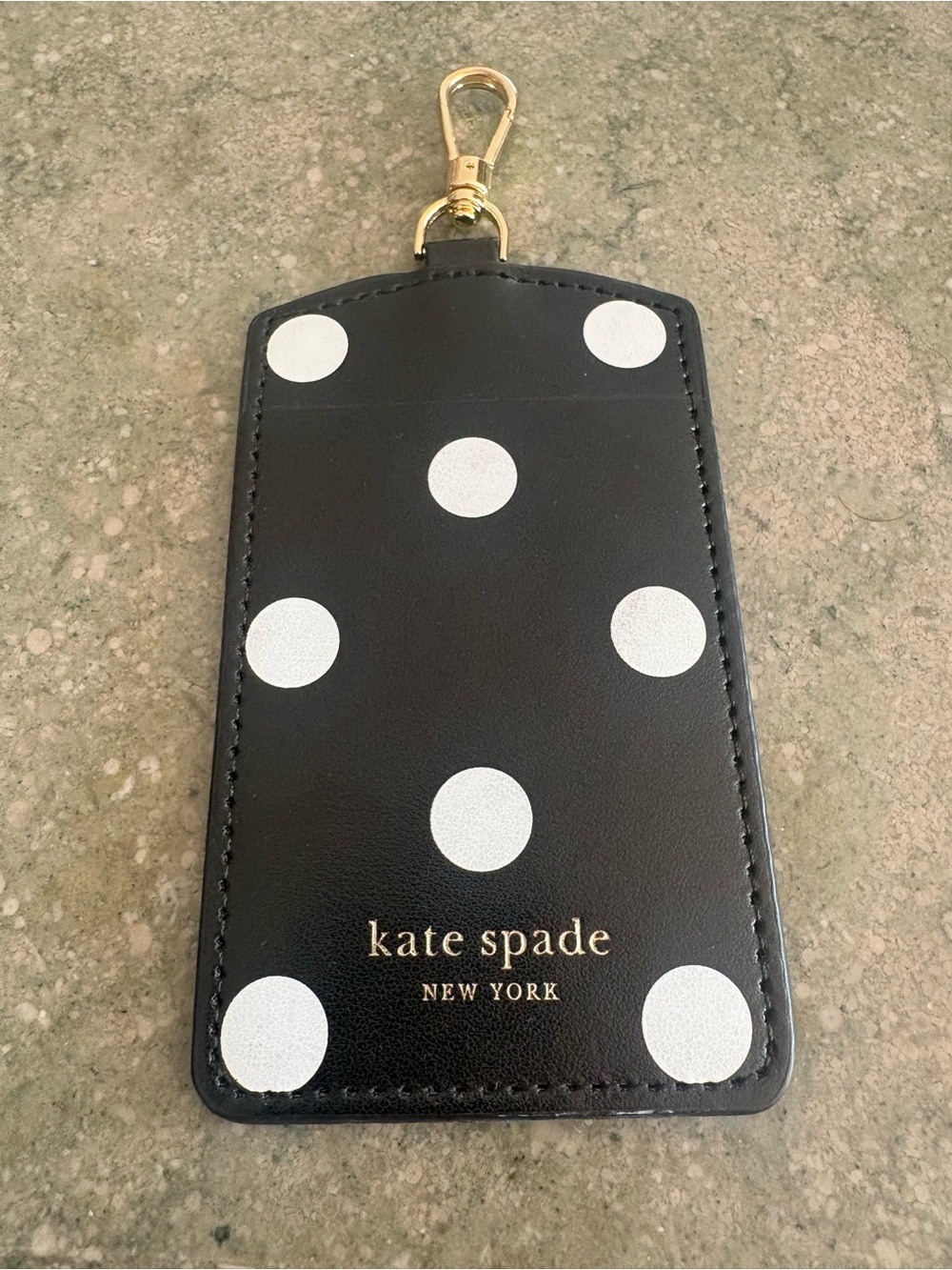 kate spade Black and White Polka Dot Leather Badge Holder with Gold Clip